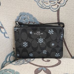 Coach Black Signature Canvas Wristlet with Light Blue Snowflake Print